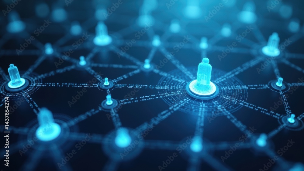 Poster a 3d networking with interconnected dots forming a web, glowing blue nodes, symbolizing professional