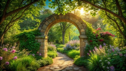 Obraz premium Sunlit Garden Path Through Stone Archway Leading to Lush Greenery and Blooming Flowers