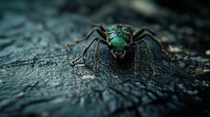 Detailed Closeup Green Insect Macro Photography Dark Background Nature Wildlife Emerald Jewel Beetle Tiny Creature Forest Bug Detailed Legs Antennas  