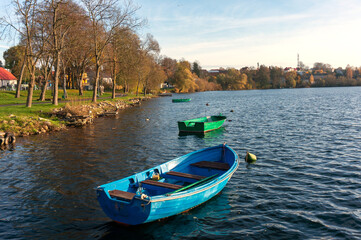 Boats, coastal strip, Drawsko Lake. Czaplinek, Poland.