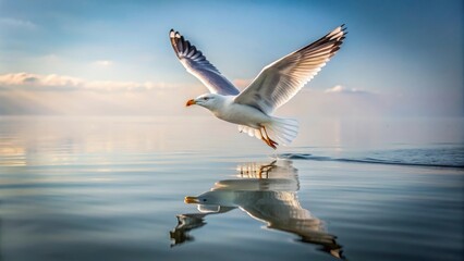 Obraz premium A graceful seabird in flight, its wings outstretched, dips towards the tranquil water's surface, creating a mesmerizing reflection of its ethereal beauty.