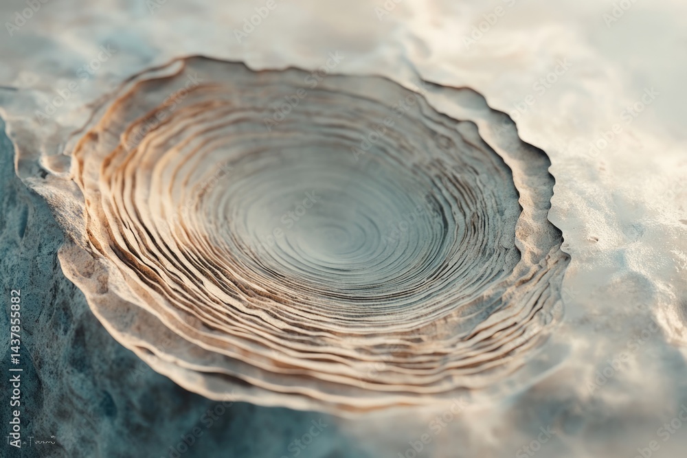 Poster concentric circles etched into a beige rock surface, creating a mesmerizing spiral pattern.
