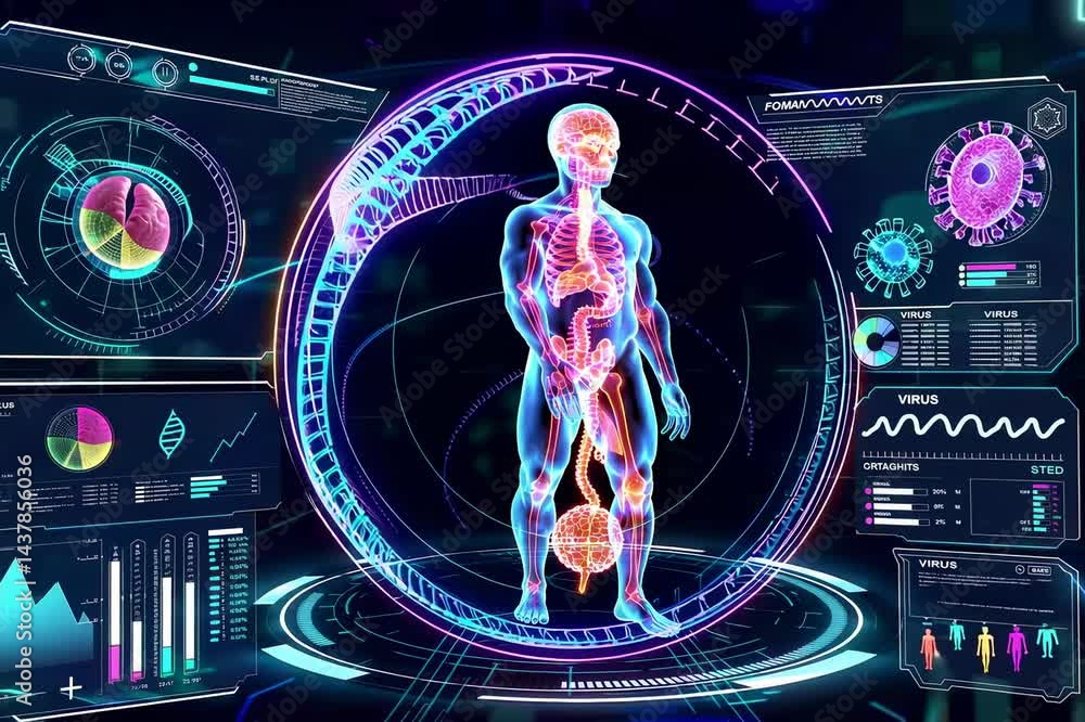 Poster a futuristic hud screen displays 3d human motion graphics, complete with rotating body models, scann