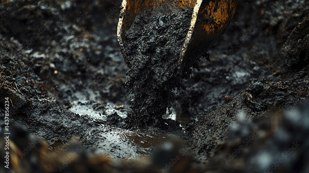 Poster excavator digging deep into muddy ground, creating messy and dynamic scene