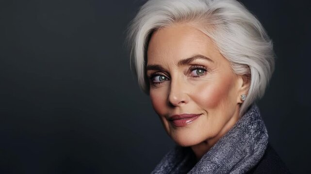Confident Stylish Senior Woman with Grey Hair and Elegant Makeup in Studio