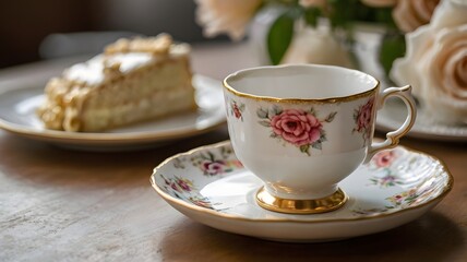 Mockup of a delicate porcelain teacup with a floral pattern and gold rim