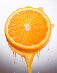 Juicy orange wedge dripping with fresh juice, isolated on a white surface