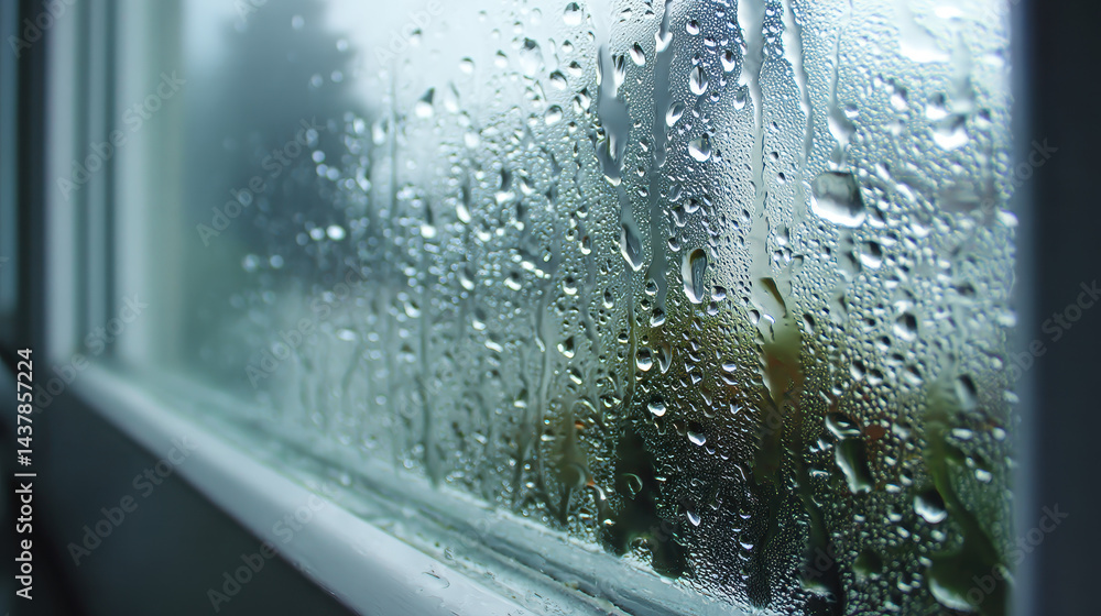 Aufkleber Close-up view of a raindrop-covered window creating abstract patterns as light diffuses through the glass, inviting moments of quiet reflection and solitude
