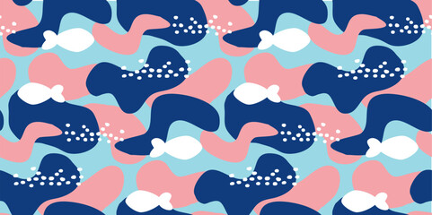 Abstract Summer Seamless Pattern with fish and Waves