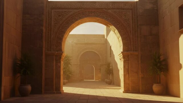 Moroccan riad courtyard with ornate archway and golden light. Traditional Arabic architecture in Marrakech. Exotic travel destination for cultural tourism.