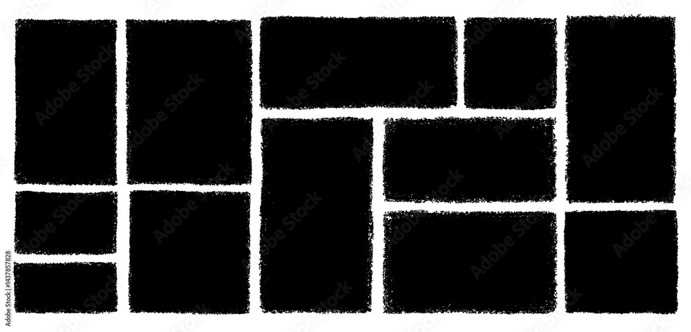 Poster set of black drawing rectangle shape. chalk blank background. shape with textured edge. textbox in h