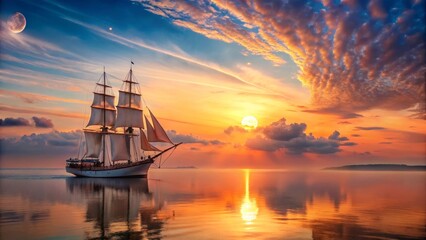 Fototapeta premium Serene Sunset Sailboat Voyage Across a Calm Ocean with Vibrant Sky