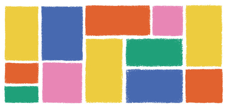 Set of multicolored drawing rectangle shape. Chalk blank background. Shape with textured edge. Textbox in doodle and hand drawn style.