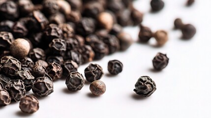 Obraz premium Round Black Peppercorns Scattered on a Clean White Background