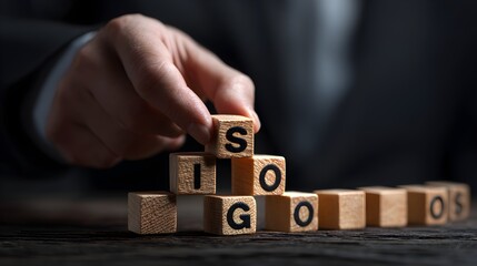 Businessman place the wooden cubes with ISO standards quality control concept, assurance warranty in dark background