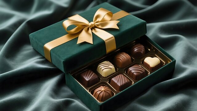 Mockup of a velvet-lined chocolate box with a gold ribbon
