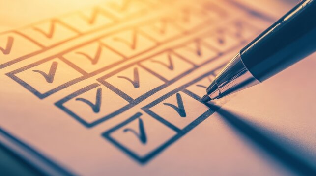 Close up of a pen marking checkboxes on a checklist with soft lighting