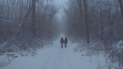 Winter forest walk with foggy path.