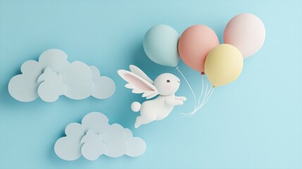Playful bunny floating with balloons in a whimsical sky environment, perfect for children's themes and designs