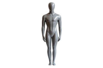 Glossy gray male mannequin with realistic proportions, minimal facial features, reflecting surrounding light sources, isolated on a transparent background