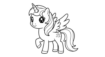 Celestial Pony's Line Art: A graceful unicorn with a shimmering horn and gentle wings, rendered in crisp line art, radiating a sense of wonder and enchantment.