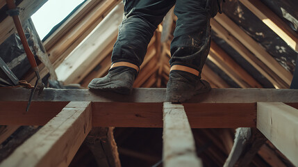 Construction Worker Walking on Wooden Beams