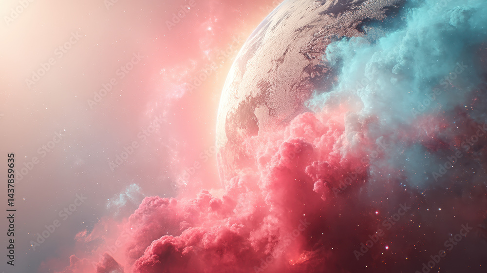 Poster close-up view of earth in space illuminated by ethereal glow with vibrant colors blending cosmic ele