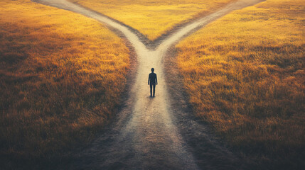 A person stands alone at a fork in the path, contemplating their decision in the serene landscape. The golden grass glows as the sun sets, creating a reflective atmosphere for choices ahead