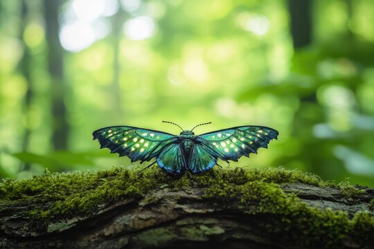 A vibrant green butterfly with iridescent wings rests on a mossy log in a lush forest.
