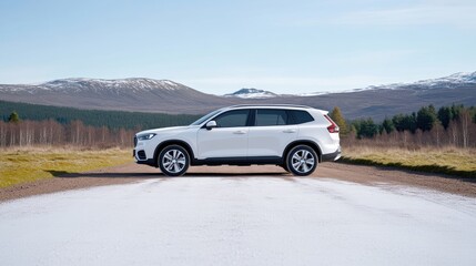 Off-road SUV on snowy path, scenic backdrop