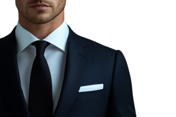 Man in navy blue suit, white shirt, and black tie, exuding quiet sophistication and power, isolated on a transparent background