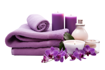 Still life of purple towels candles and orchids against a  transparent background png