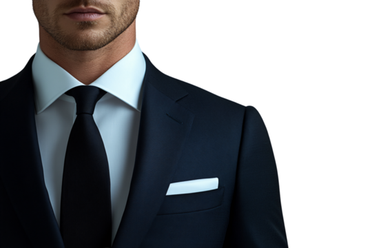 Man in navy blue suit, white shirt, and black tie, exuding quiet sophistication and power, isolated on a transparent background