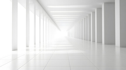 Fototapeta premium Exploring minimalist architecture modern gallery interior design pure white background wide-angle view