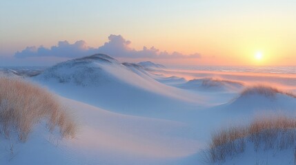 Snow Covered Desert Landscape at Sunset with Golden Light and Blue Sky