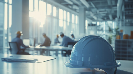 Obraz premium hard hat rests on table while builders collaborate in bright office space