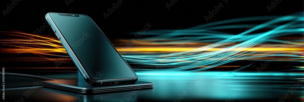 Poster smartphone charging on dock with glowing power lines creating a modern tech atmosphere at night
