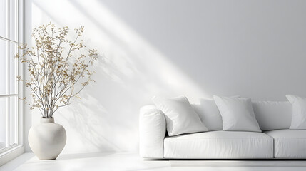 Stylish minimalist living room decor white background interior bright space modern aesthetics