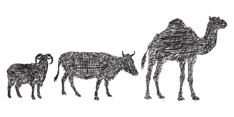 Linear strokes form a ram, a cow and a camel on an isolated background
