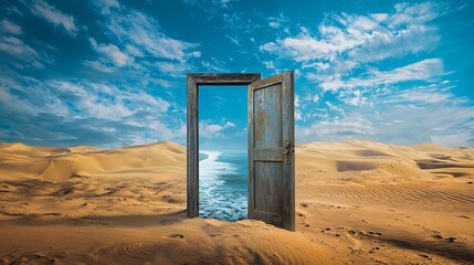 A surreal illustration showing a rustic door in the middle of a desert, opening to reveal an ocean with waves, symbolizing escape, contrast, and the blending of different landscapes