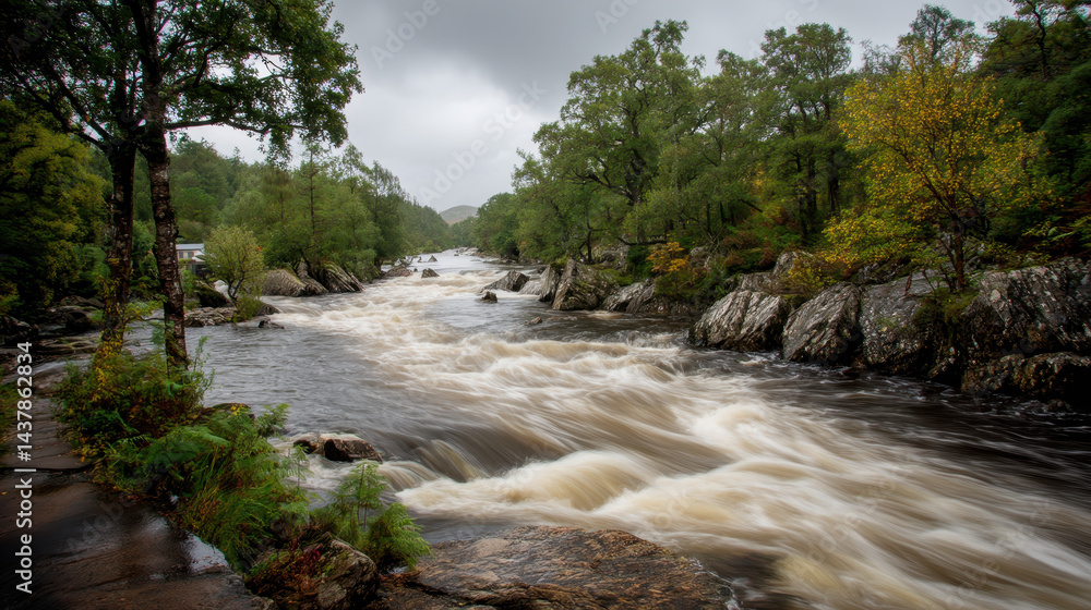Poster long exposure capture of a rushing river showcasing dynamic movement as water flows over rocks in a 