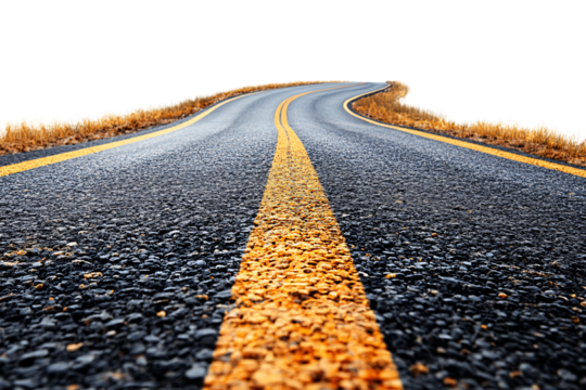 Winding asphalt road with vibrant yellow dividing line, bordered by golden dry grass under clear skies, isolated on a transparent background