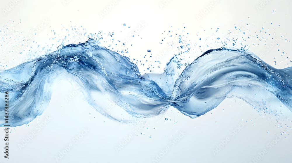 Poster dynamic water wave splashing against horizontal pure white background abstract art high-resolution s
