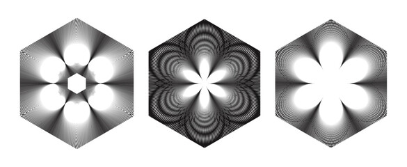 Vector illustration set featuring hexagonal geometric flower designs with line art, including the seed of life and lotus symbols. a floral patterns, blending spiritual and artistic elements.