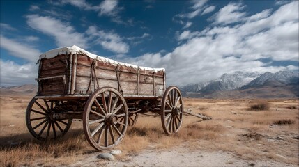 Historischer Planwagen in wilder Landschaft unter blauem Himmel

