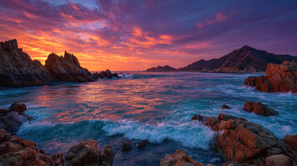 Windswept coastline reveals dramatic cliffs and crashing waves under a vibrant sunset sky of deep oranges, pinks, and purples