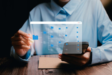 Modern Technology Interface with Hand Using Transparent Tablet Display, business concept