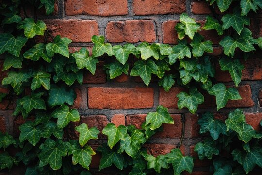 Lush green ivy leaves climbing a rustic red brick wall, creating a natural, vibrant contrast.