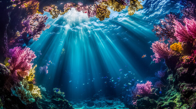 Underwater Tropical Corals Reef with colorful sea fish. Marine life sea world. Tropical colourful underwater seascape.