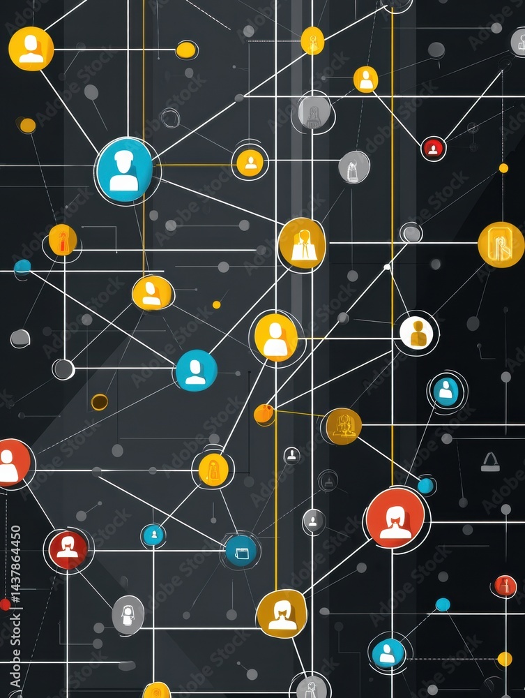 Aufkleber Network Grid Displaying Avatar Icons With Connection Lines in a Digital Landscape Representing Communication and Interaction